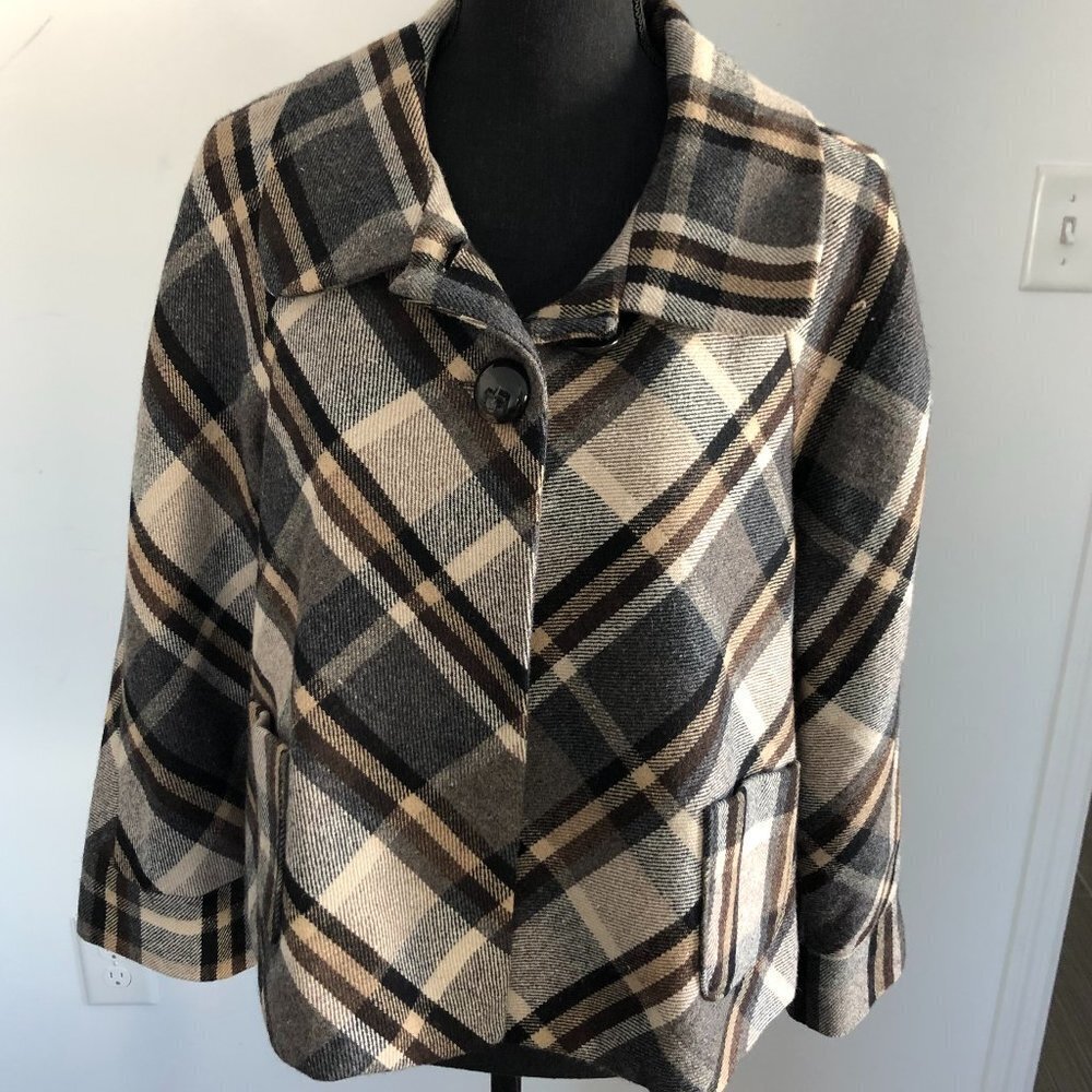 APOSTROPHE Tan & Black Plaid Peacoat M